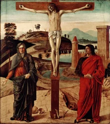 Calvarie of Kruisiging. Schilderij door Giovanni Bellini, bekend als il Giambellino (1432-1516). Dim: 71x63cm. Florence, Coll. Contini Bonacossi