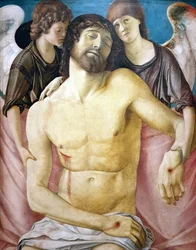Duits: Der tote Christus, von zwei Engeln gestützt De dode Christus, ondersteund door twee engelen