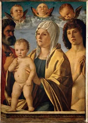Madonna met kind tussen de heiligen Petrus en Sebastiaan ...