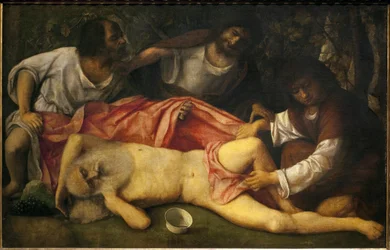 Noachs dronkenschap (Noach, dronken en naakt, wordt ontdekt door zijn drie zonen Sem en Jafet, die hun vader willen bedekken, en worden tegengehouden door de schurk Cham, wiens nakomelingen het vervloekte volk van de Kanaänieten zullen zijn)