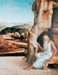 St. Hiëronymus lezend in een landschap