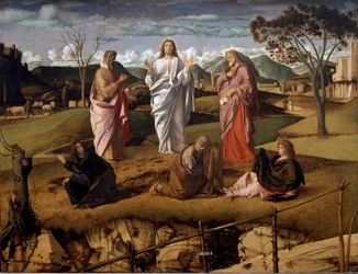 De transfiguratie van Christus. De personages van het Oude Testament Mozes en Elia zijn rond Jezus afgebeeld. De handtekening van de kunstenaar is weergegeven op een papier in de voorgrond. Schilderij door Giovanni Bellini genaamd il Giambellino (1432)