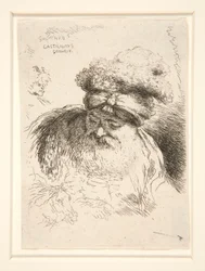 Een oude man met een grote baard, gezien van voren, zijn hoofd en ogen neergeslagen, uit de serie Les petites tetes d