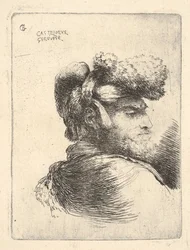 Man in profiel naar rechts kijkend, met een bontmuts, uit de serie Kleine Hoofden in het Oosten