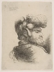 Man in profiel naar rechts, met een bontmuts, uit de serie van Kleine Hoofden in Orië...