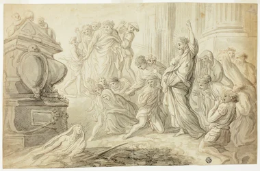 Opwekking van Lazarus (recto); Reizigers met kar buiten herberg (verso)