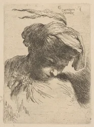 Jonge man kijkt naar beneden naar rechts, uit de serie Kleine Hoofden in Oosterse Hoofddeksels, ca. 1645-50