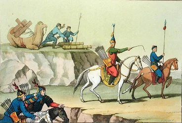 Een troep oprukkende soldaten, illustratie uit Le Costume Ancien et Moderne door Giulio Ferrario, uitgegeven ca. 1820s-30s