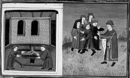 Decameron, Giovanni del Bragoniera en Biagio Pizzini stelen het relikwie van broeder Ciboule; de broeder markeert de kleren van de dorpelingen met de kolen. Dag zes, nieuwsbericht 10
