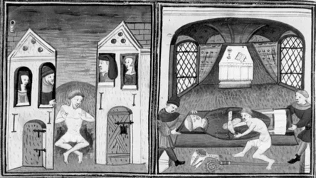 Decameron, Andreuccio valt in de latrine; Andreuccio helpt het graf van de bisschop te plunderen. Tweede dag, kort verhaal 5