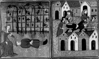 Decameron,
Andreuola vindt Gabriote dood; de podestà arresteert Andreuola. Vierde dag, nieuwsbericht 6