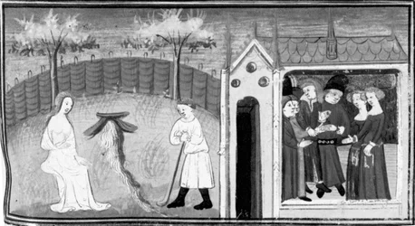 Decameron, Cimon observeert Iphigenia; er wordt een dubbele bruiloft gevierd. Vijfde dag, kort verhaal 1