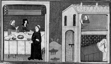 Decameron, Don Felice wordt uitgenodigd aan tafel bij broeder Puccio; Don Felice ligt in bed met Puccio