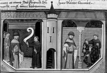 Decameron, Ermino Grimaldi ondervraagt Guillaume Borsiere; Guillaume toont hem de afbeelding van Courtesy. Eerste dag, nieuws 8.