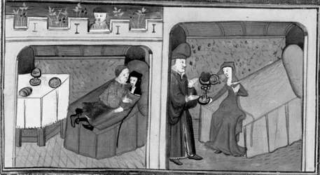 Decameron, Ghismonda slaapt met Guiscardo; Tancredi geeft zijn dochter het hart van de geliefde. Vierde dag, kort verhaal 1
