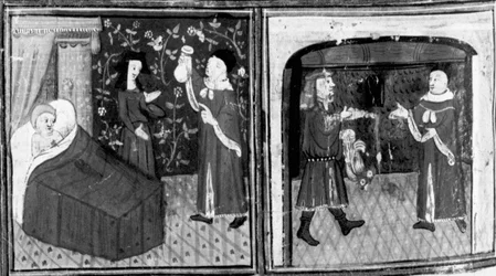 Decameron, Simone de dokter geeft Calandrino het infuus; Calandrino betaalt de dokter. Negende dag, kort verhaal 3