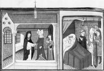 Decameron, Madame Piccarda bezoekt de pastoor van Fiesole; de pastoor wordt verrast door de bisschop in bed met de dienstmeid. Dag acht, kort verhaal 4