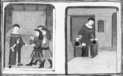 Decameron, Simone da Villa praat met Bruno en Buffalmacco; de meester valt in een latrine. Dag acht, nieuwsbericht 9