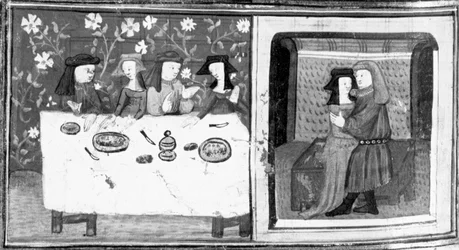 Decameron, Spinelloccio en Zeppa zitten aan tafel met hun vrouwen; Zeppa kust Spinelloccio