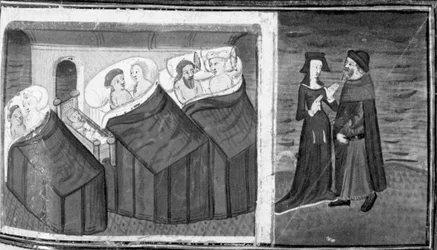 Decameron, Drie stellen slapen in een kamer; de herbergier praat met zijn vrouw. Negende dag, kort verhaal 6