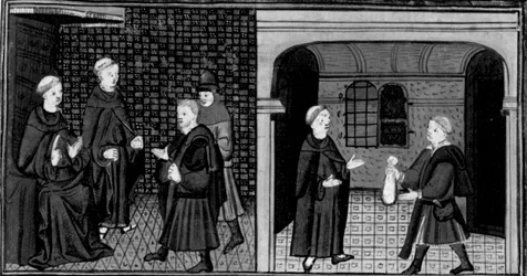 Decameron, Een inquisiteur ondervraagt een man; de man geeft de inquisiteur geld. Eerste dag, nieuws 6.