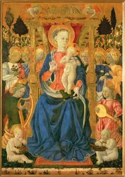 Maagd en kind op de troon, met engelen en putti (schilderij op hout)