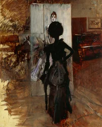 Dame in het atelier van schilder tegenover Witte Pastel