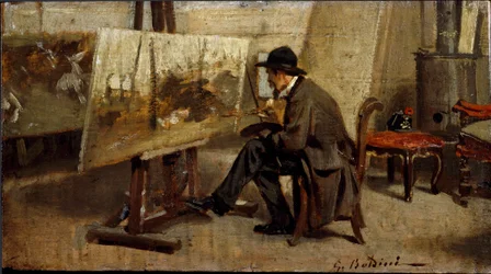 De schilder Giovanni Fattori in zijn atelier Schilderij toegeschreven aan Giovanni Boldini (1842-1931) 1863-1869 Zon. 13x24 cm Milaan privécollectie