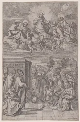 Geestelijken in een landschap schrijven, anderen in het hemelse rijk boven, ca. 1650