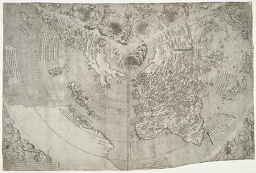 Wereldkaart, Mundu [sic] spericum...cognosces diligentia joani mathei Contareni.., door Contarini, Giovanni en Francesco Rosselli
