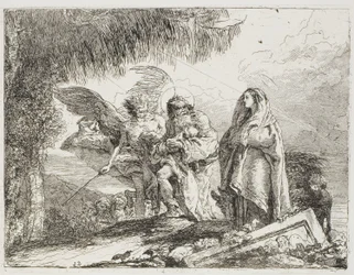 Maria en Jozef, die het Kind Vasthouden, worden Begeleid door een Engel, plaat twaalf uit De Vlucht naar Egypte