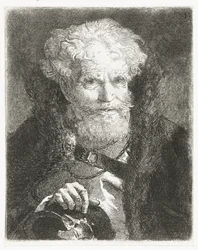 Oude man in mantel met bontkraag en helm