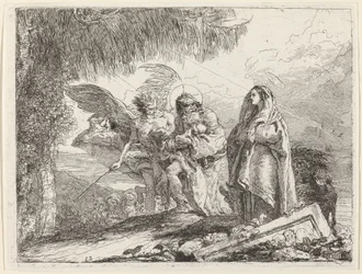 De vlucht, Heilige Familie wandelend met engel