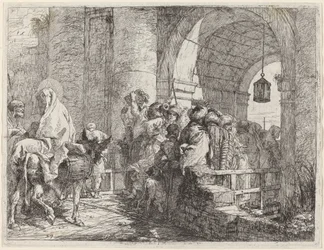 De Heilige Familie arriveert bij een stadspoort