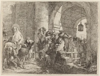 De Heilige Familie Komt aan bij een Stadspoort