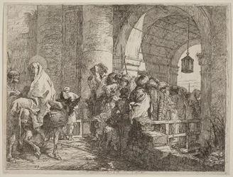 De Heilige Familie komt aan bij een stadspoort