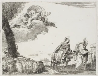 De Heilige Familie Wandelt Langs een Stadsmuur. Links een Herder met zijn Kudde en God de Vader, plaat acht uit De Vlucht naar Egypte