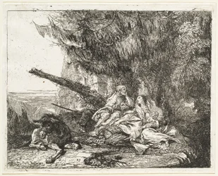 De rust tijdens de vlucht, met Heilige Familie onder een boom