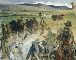 Brandmerken van jonge stieren in Maremma, circa 1887, door Giovanni Fattori, 86x172 cm, Detail