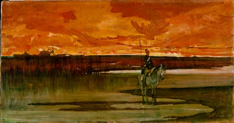 Lanciere di vedetta presso un fiume. De wachtpost aan de rivier. Schilderij door Giovanni Fattori (1825-1908) 1885-1890. Dim. 27x57 cm. Florence, Galleria d