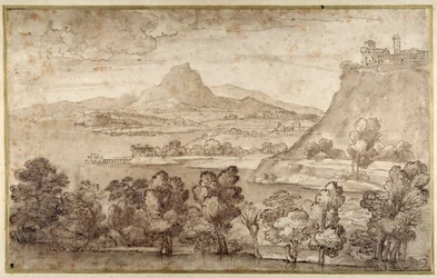 Landschap met een heuvelstad en een verder gelegen berg