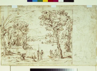 Landschap met figuren aan een rivier