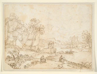 Kliffen aan de rivier met vissers