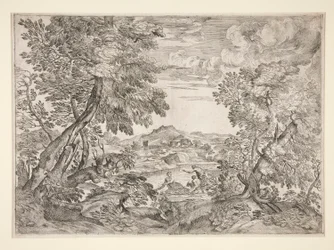 Landschap met Drie Mannen bij een Rivier