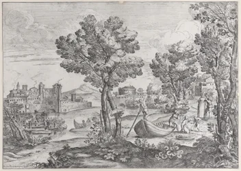 Landschap met een man die een slang vasthoudt voor een doodsbang kind, bekeken door een modieus geklede, 1626-80