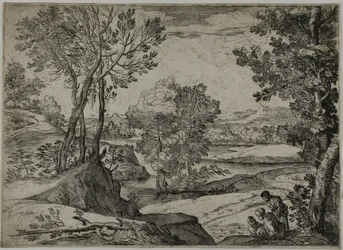 Vrouw, Haar Kind en een Staande Man in een Landschap