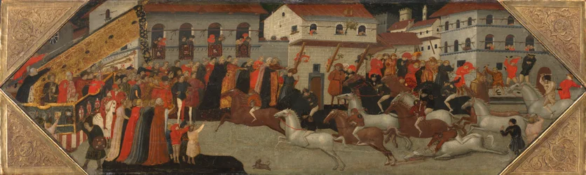 Paneel van een Cassone: De Race van de Palio in de Straten van Florence, 1418
