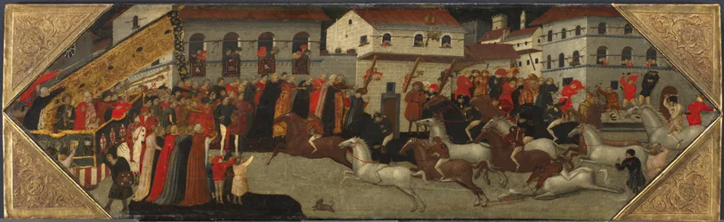 Paneel van een Cassone: De race van de Palio in de straten van Florence, 1418
