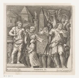 Groep figuren en twee olifanten in een stad