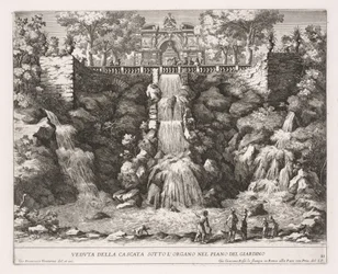De fonteinen van Rome, Boek IV, plaat 21: Uitzicht op de waterval onder het orgel vanuit de tuin